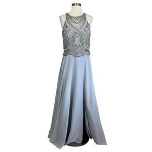 Betsy & Adam Beaded Chiffon Evening Gown Gray Size 8 Cut Out Thigh Slit Formal